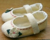 Ivory and Pink Wool Mary Jane Toddler Girl Shoes, Soft Sole Baby Booties