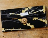 Womens Wallet Black and Yellow Birds and Blossoms Fabric With Zipper Pocket - Ready to Ship