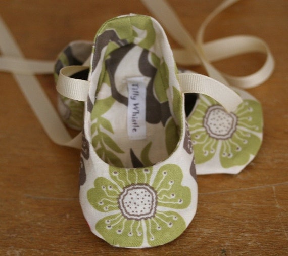 Lime and Taupe Floral Ballet Slipper Baby Shoes