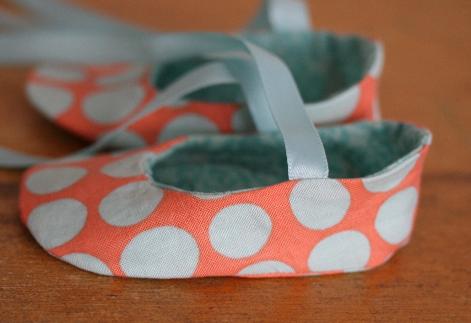 Coral and Blue Polka Dot Ballet Slipper Baby Booties