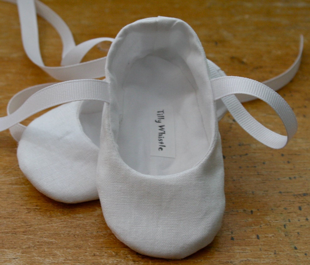 White Linen Ballet Slipper Baby Girl Shoes - Christening - Baptism
