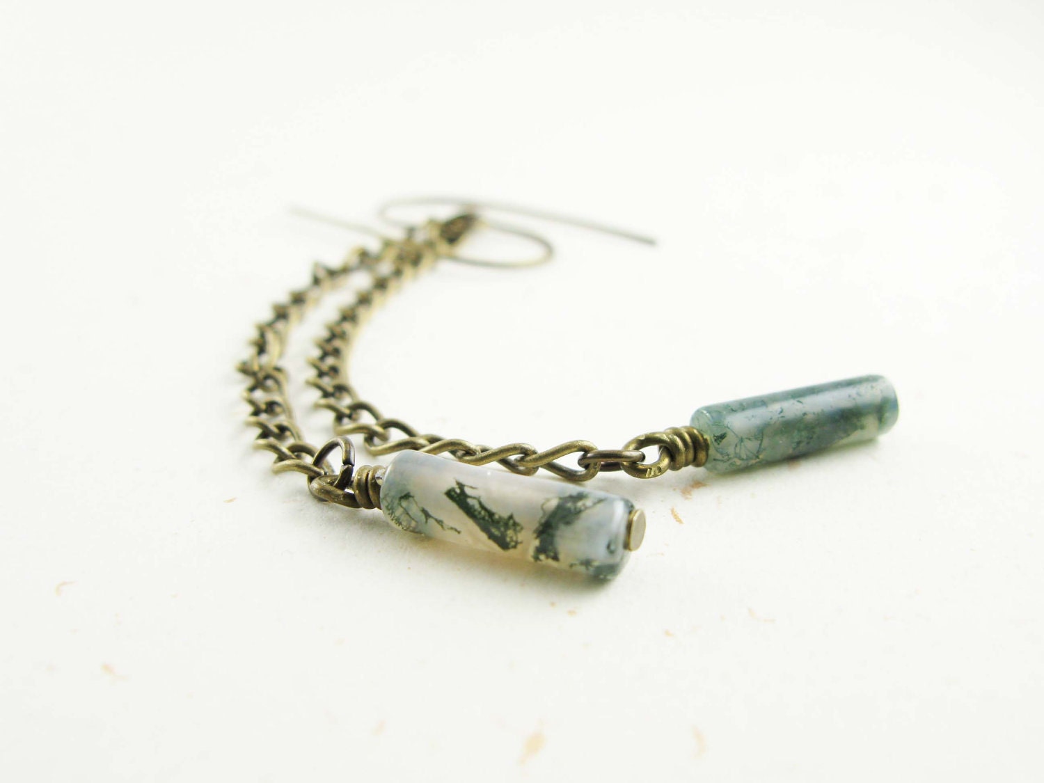 Brass chain & moss agate earrings - moss green, antiqued brass, free shipping - mejjewelry