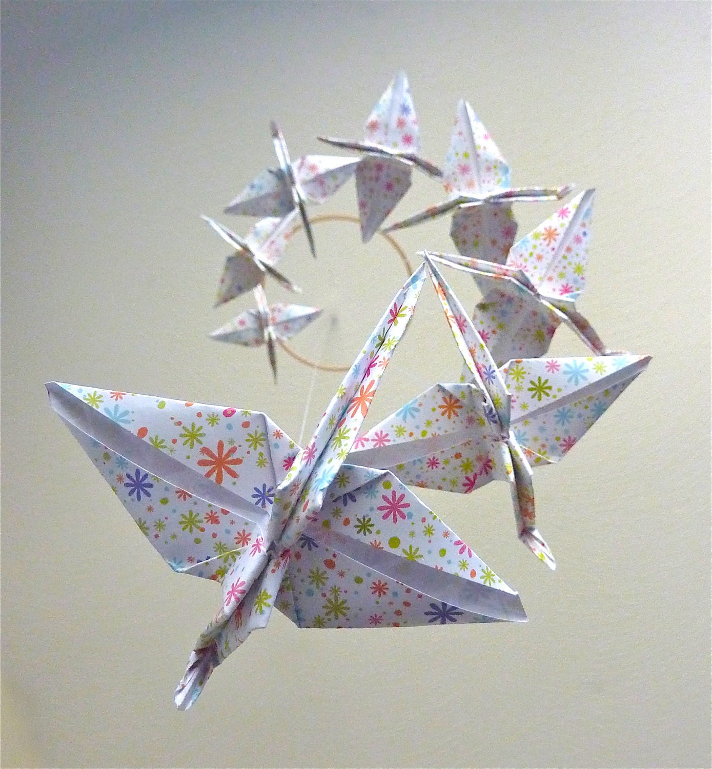 Baby Mobile - Origami Crane Mobile - Children Decor - Eco Friendly Art Baby Nursery Home Unique White Floral Flowers Birds