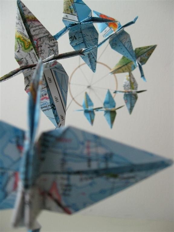 Children Decor Origami Crane Mobile - Baby Mobile - Eco Friendly - Art World Map Atlas Teacher Home Unique Repurposed Blue