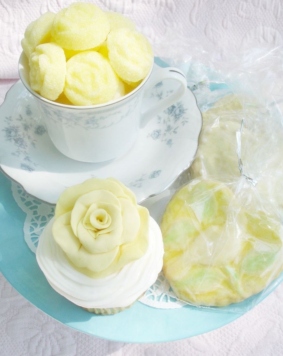 One Dozen Sunny Yellow Sugar Roses a Perfect Touch to your Tea or as Cupcake,Petit Four and Baked Goods Toppers
