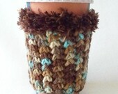 Crochet Coffee Cup Cozy Sleeve Brown Aqua and Beige with Eyelash yarn Trim