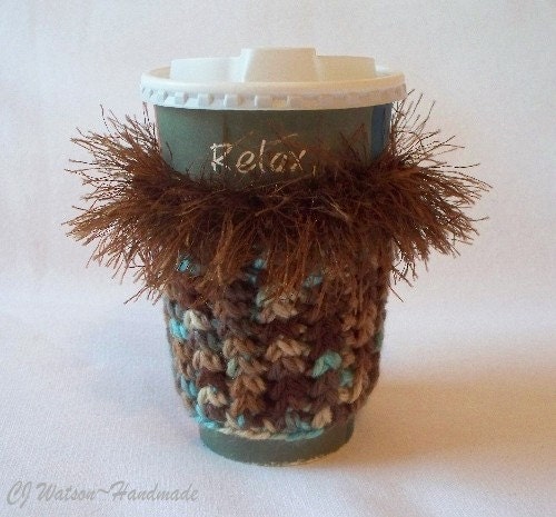 Crochet Coffee Cup Cozy Sleeve Chocolate Brown Light Aqua and Beige with Eyelash yarn Trim