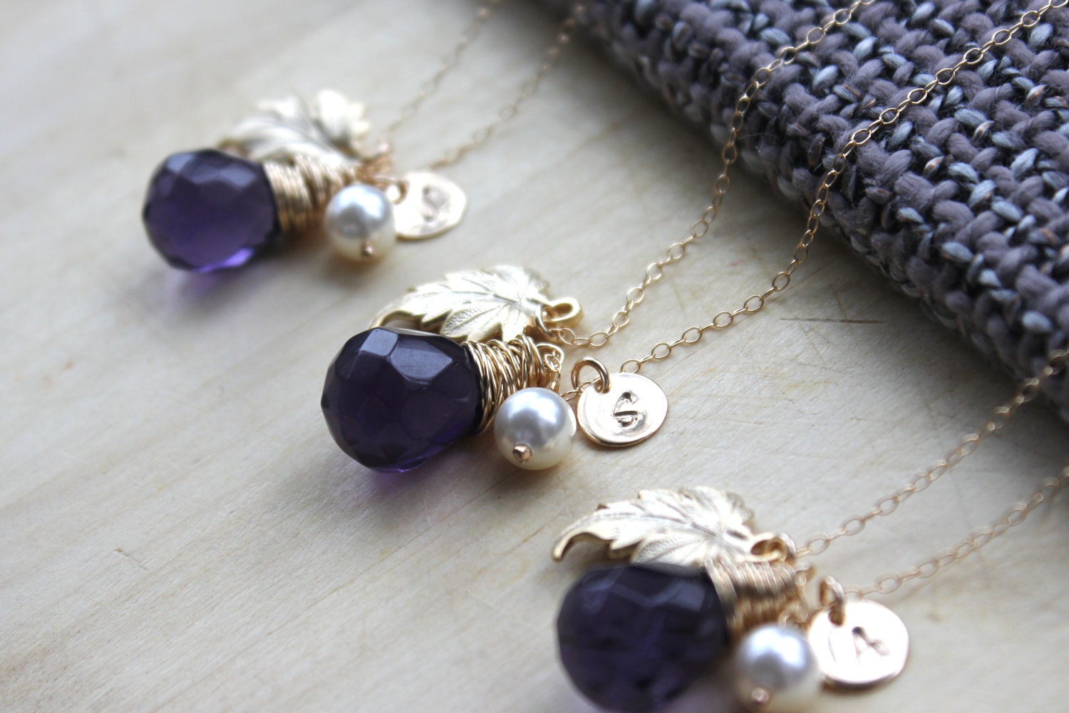 Set of 4 Gold Leaf Amethyst Necklace - Gold Initial with pearl, bridesmaid gifts, bridal party favor, autumn wedding, fall, grapes and vines