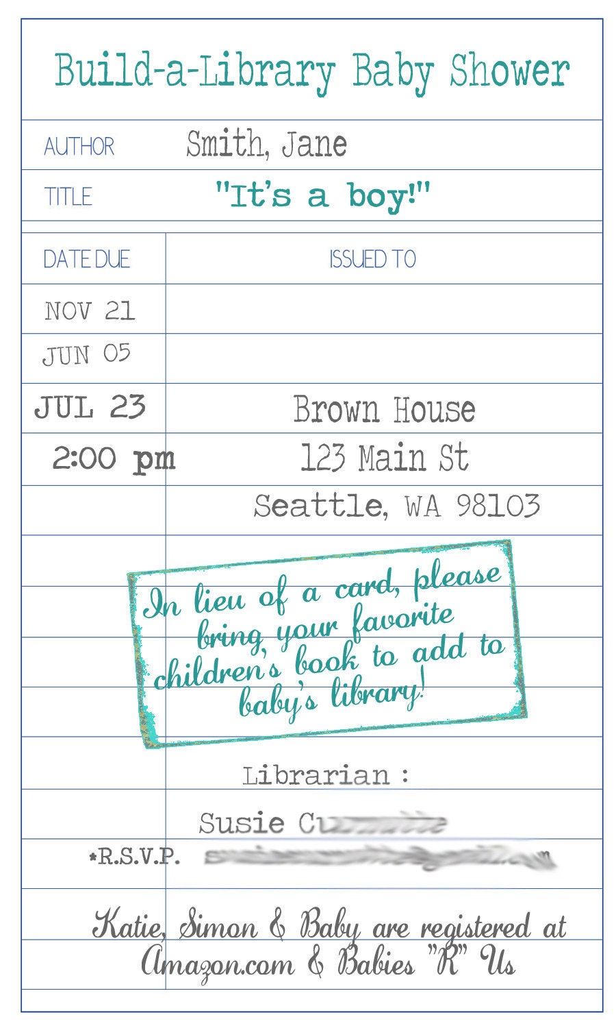 Library Themed Baby Shower Invitation- printable jpg