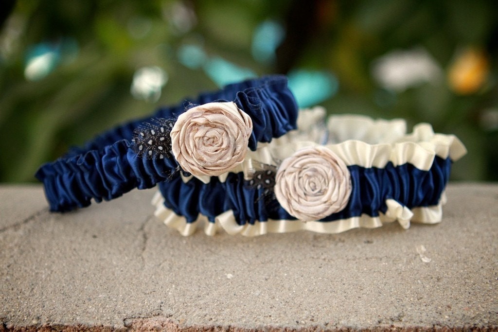 Navy Blue and Antique White Garter Set with Guinea Feathers