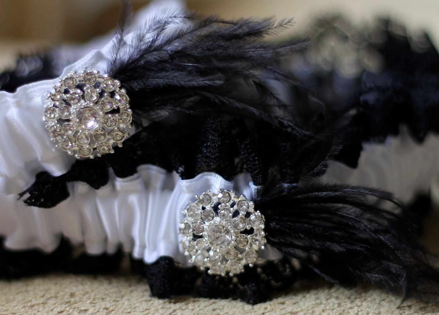 SPARKLE- White Garter Set with Black Lace and Rhinestones