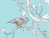 5 x 7 PRINT signed Love Hearts Blue Bird of Whimsy v2 illustrated vines black white