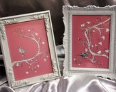 SET of 2 8.5x11 signed Love Hearts Pink Bird of Whimsy illustrated vines black white