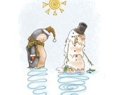 8.5x11 Neville the Penguin Spring Snowman Melt illustration signed print