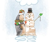 8.5x11 Neville the Penguin Building a Snowman illustration signed print