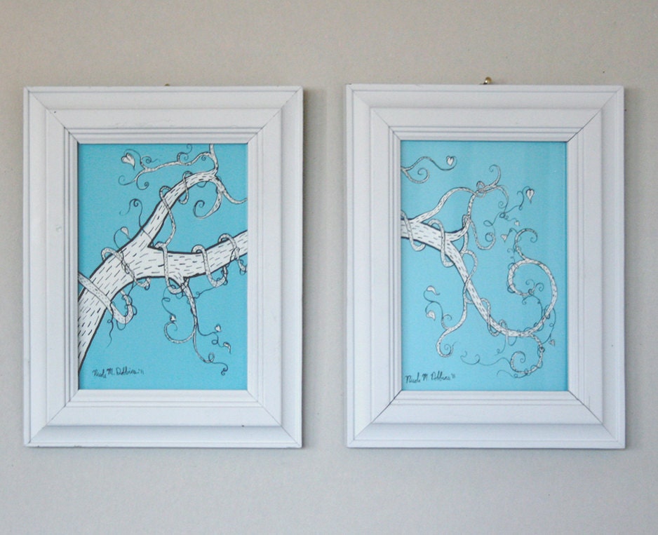 SET OF 2 Original 5x7 FRAMED ice blue Whimsy Vines mixed media paintings signed by artist