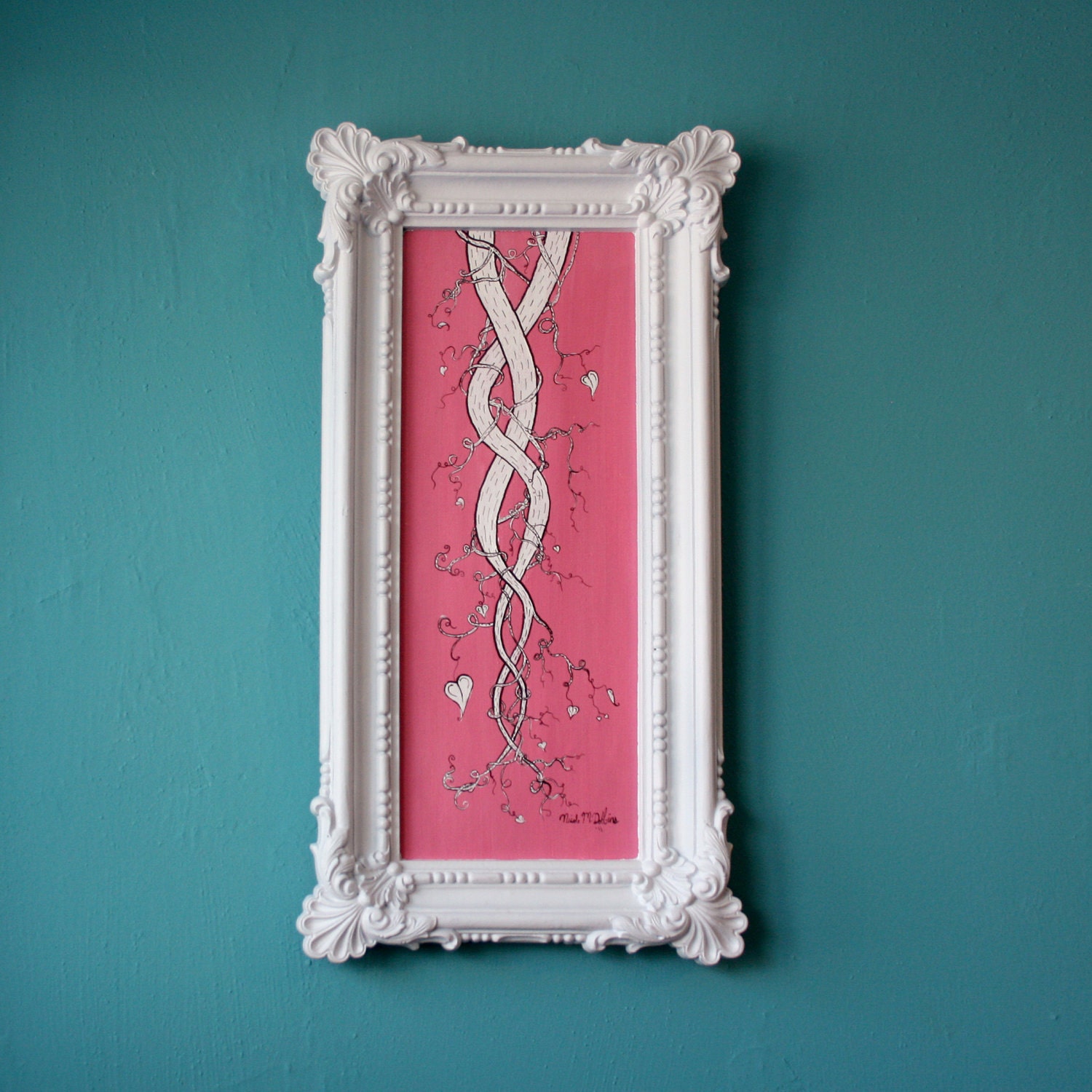 Original 15x8 FRAMED bubblegum pink Braided Whimsy Vines mixed media painting signed by artist