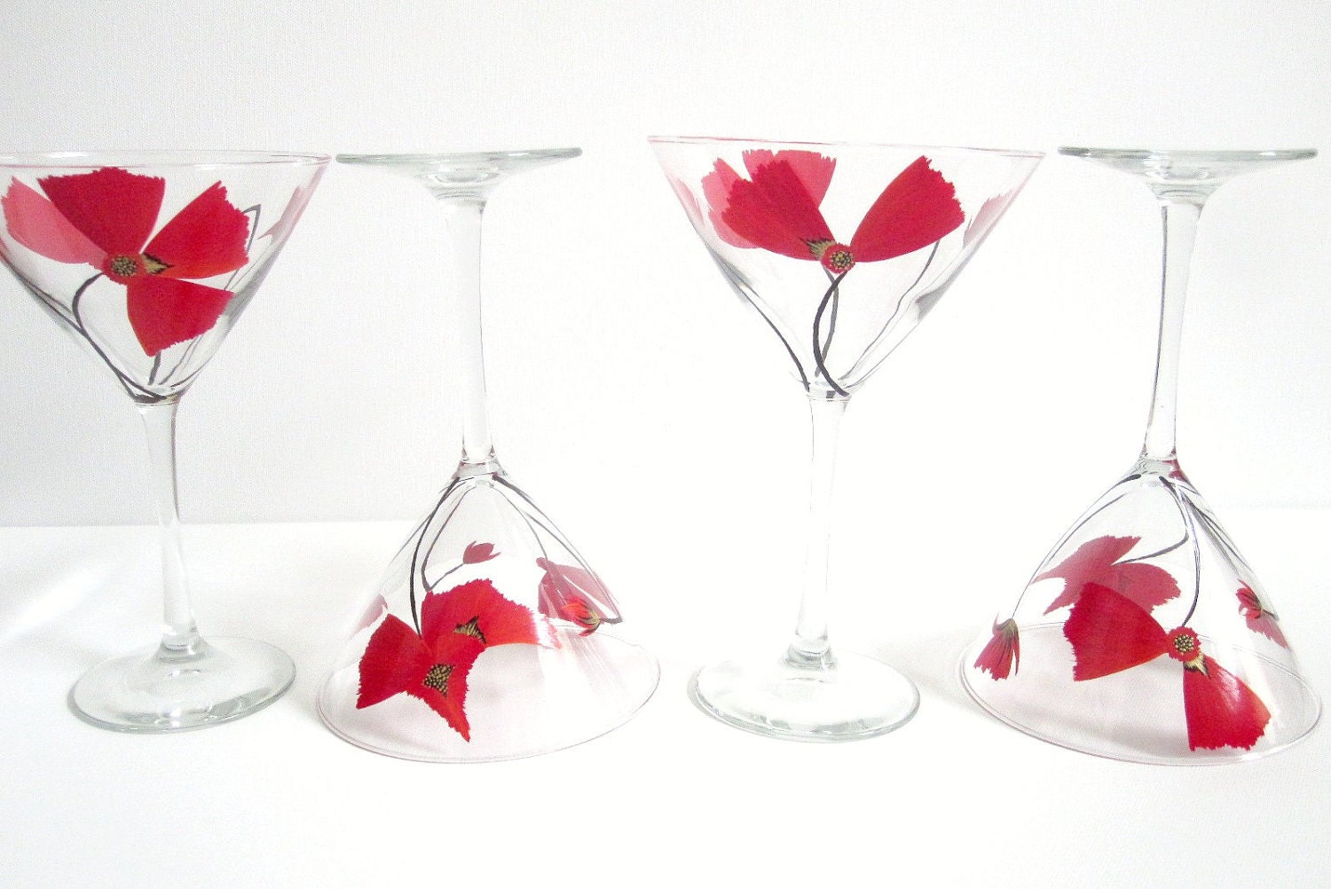 4 Red Poppy  Martini Glasses