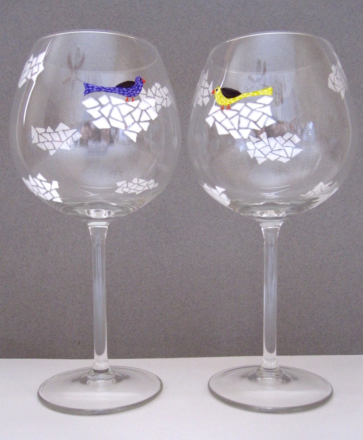 Parakeets on Clouds- 2 Wine Glasses