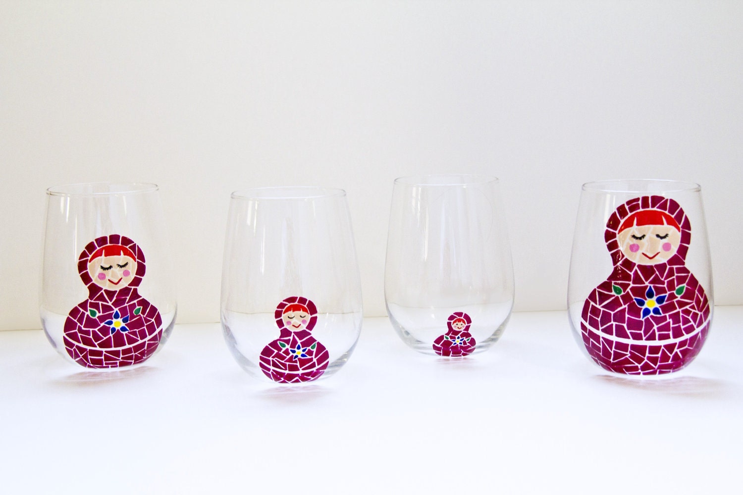 Nesting Dolls Painted Wine Glasses- Set of 4