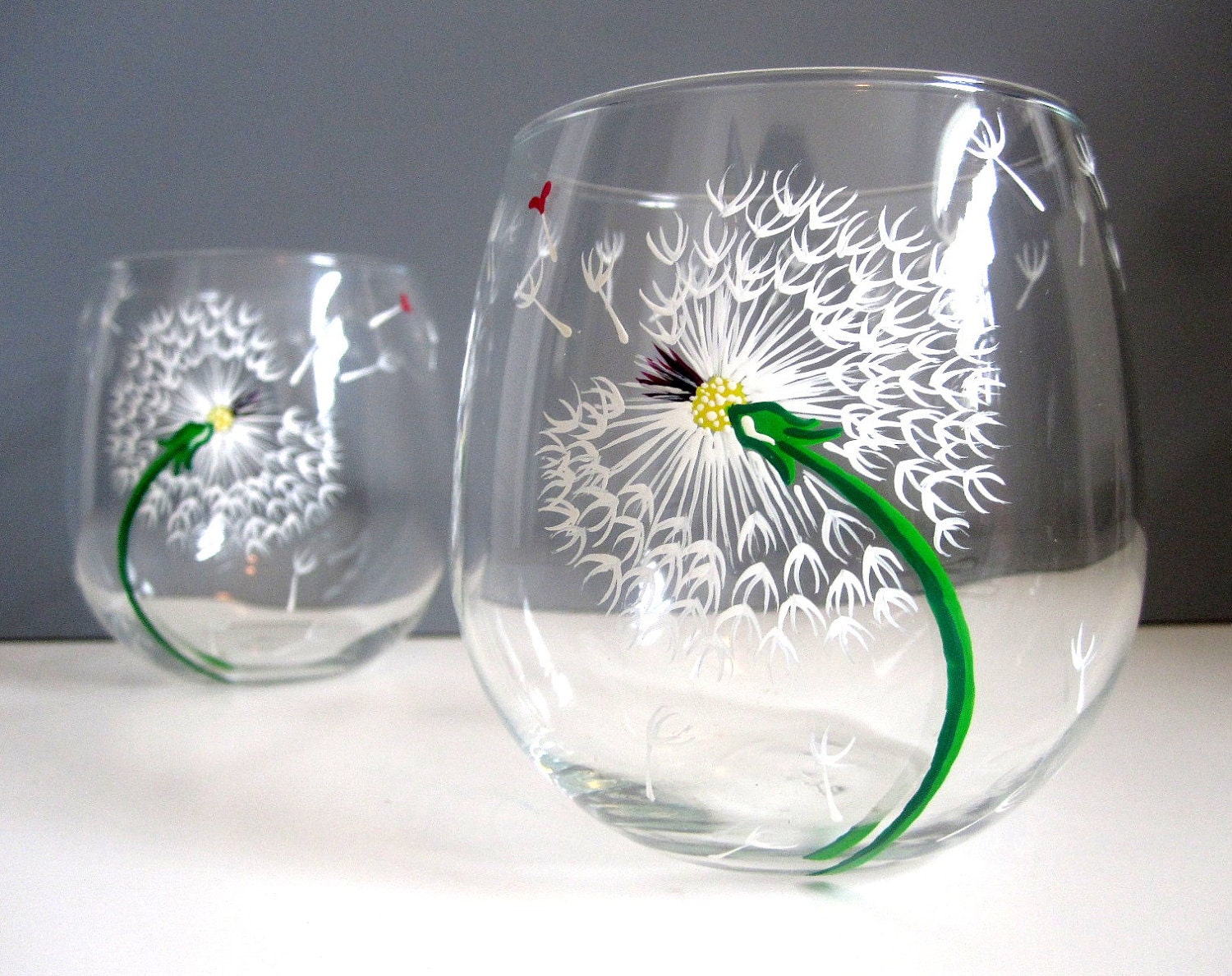 Wine Glasses- Dandelions and Hearts- Set of 2