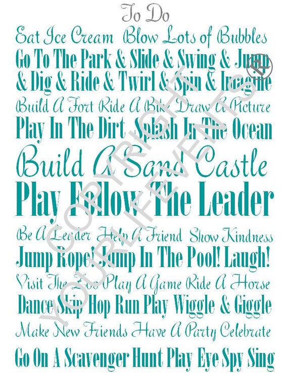 Printable Subway Wall Art - Kids Fun 'To Do' List - Instant Download - Teal Il_570xn