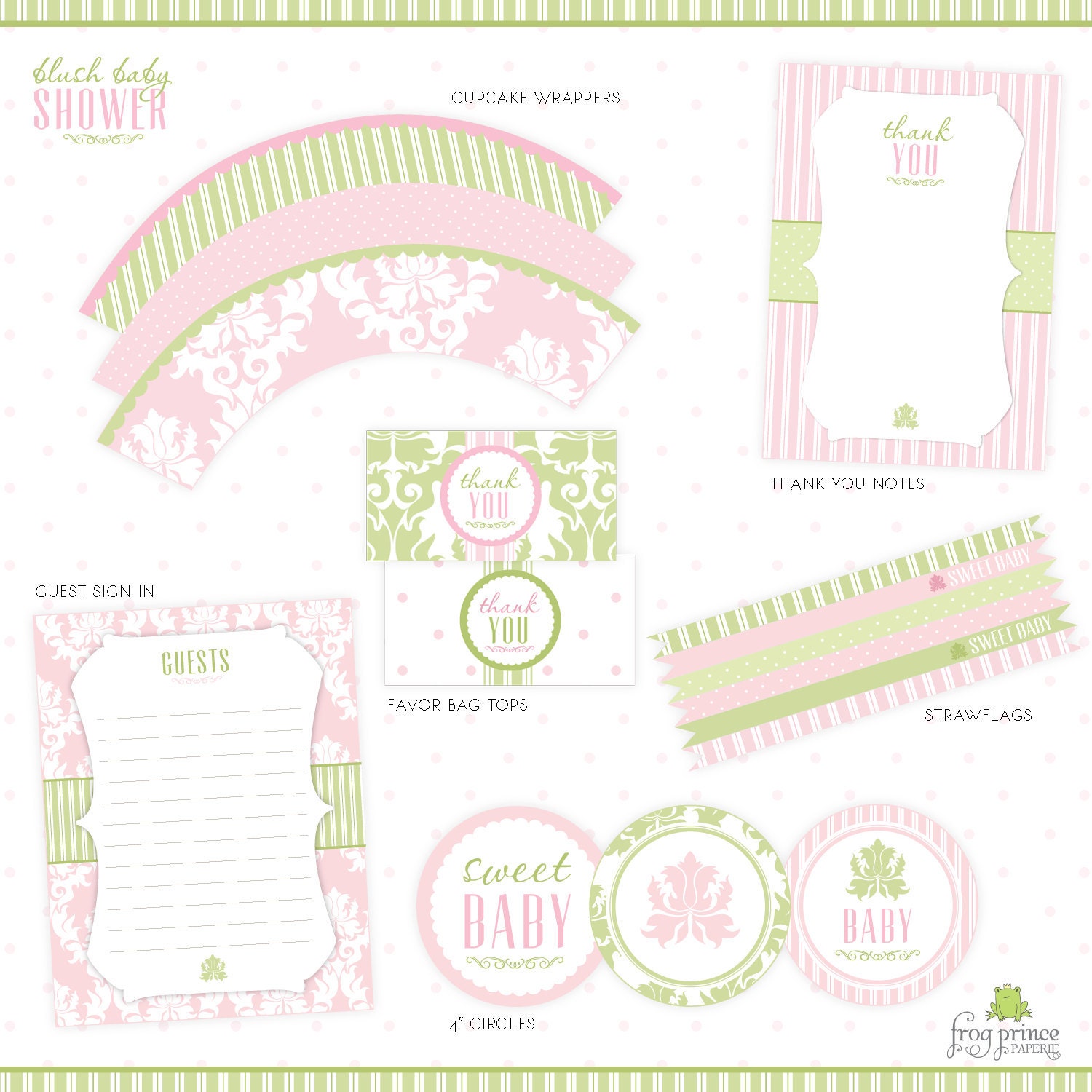Blush Pink & Green Damask Baby Shower Printable Party Pack - DIY