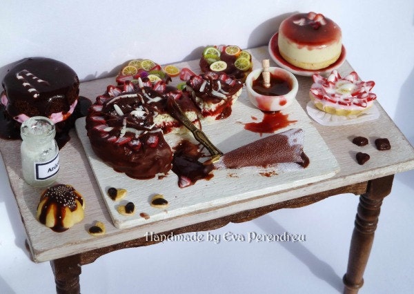 RESERVED Listing for llseTX, Dollhouse bakery table: chocolate and strawberry festival, miniature table