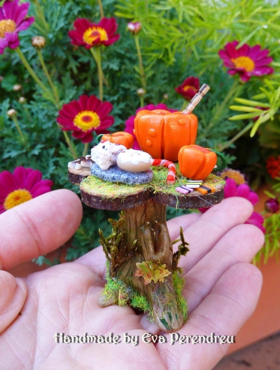 Fairy tea table with pumpkin set for dollhouse 1/12, terrarium - 6 TIMES TREASURY ITEM