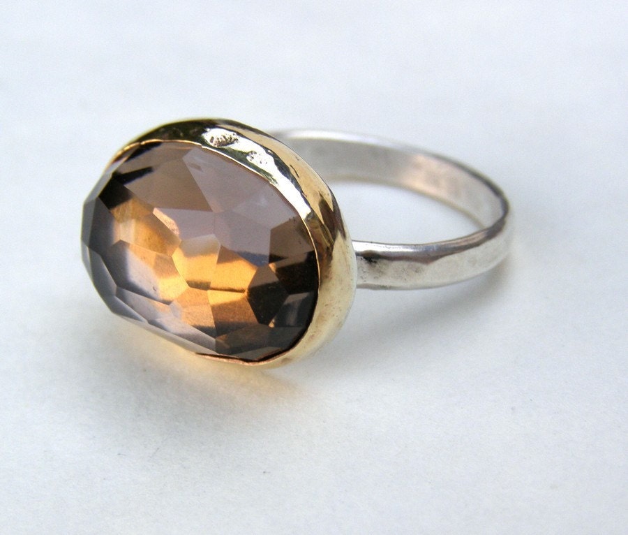 Stone ring Brown Smoky quartz Gold ring - silver ring with gold bazel - made to order