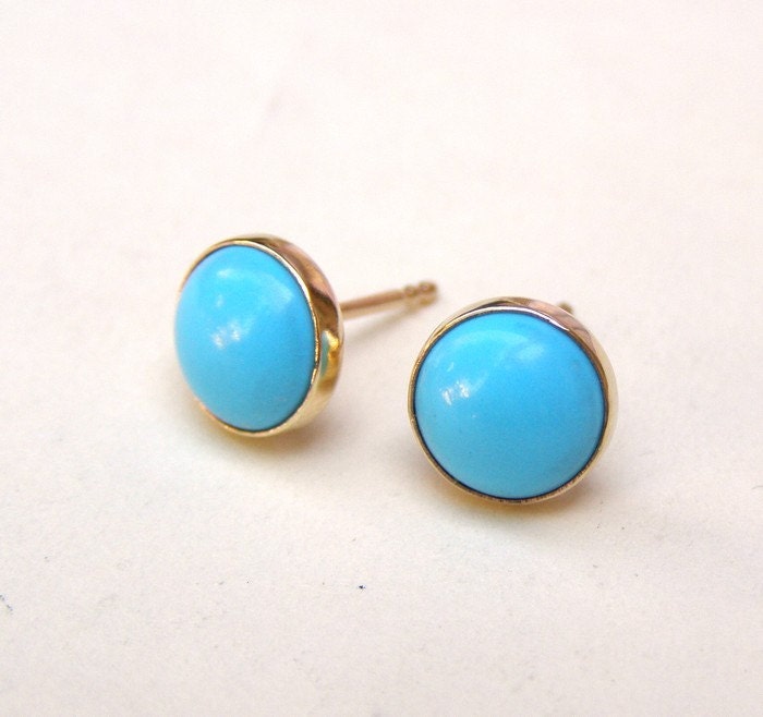 Gold Stud earrings Turquoise Earrings in Recycled 14k yellow Gold post earrings