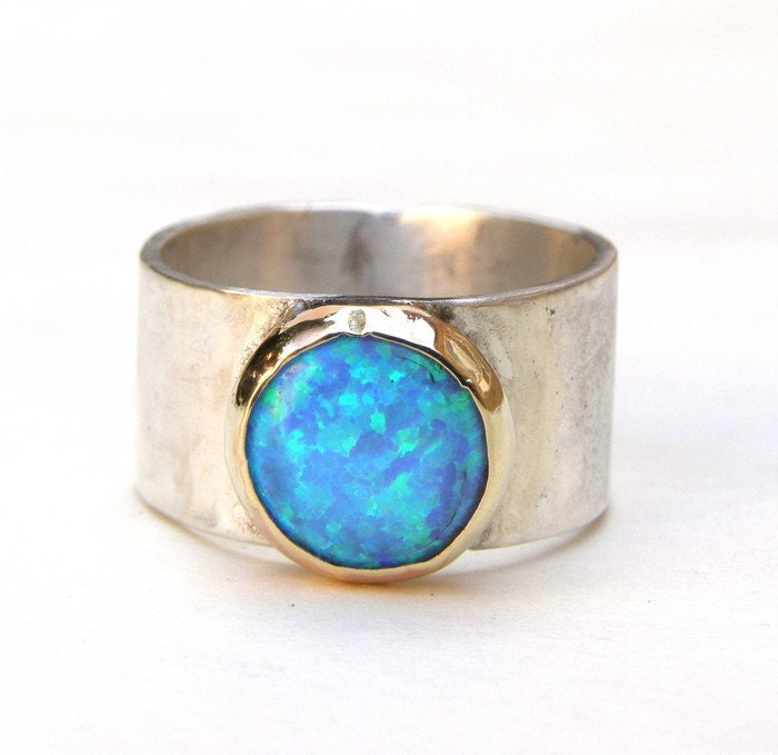 Blue Opal Ring - Silver Ring and 14k Gold Ring Statement Cocktail ring opal stone MADE TO OTDER