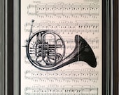 Dictionary Art Vintage French Horn Recycled book print illustration sheet music instrument for him musician under 25 gifts for dad notes