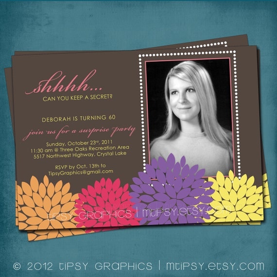 Shhh. Can You Keep a Secret. Dahlias Modern Surprise Party Invite, any text or colors by Tipsy Graphics. Photo Optional Il_570xn