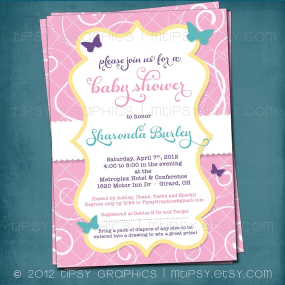 Butterfly. Pretty Pink Yellow Aqua Baby Shower or Party Invite by Tipsy Graphics Il_570xn