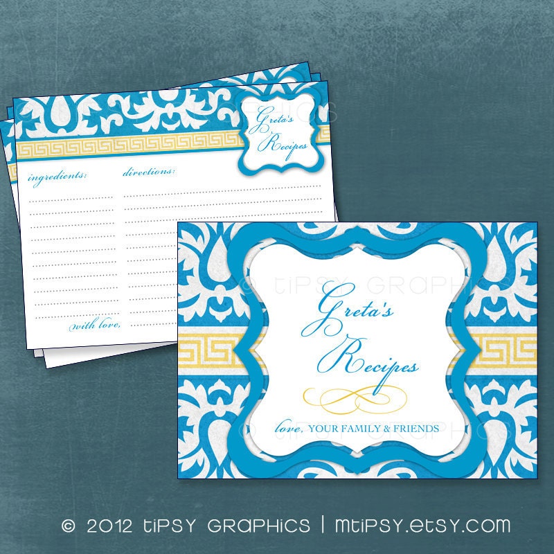 Big Damask Vintage Recipe Cards. Printable Cards for Baby or Bridal Shower or Recipe Swap by Tipsy Graphics. Any Colors Il_570xn