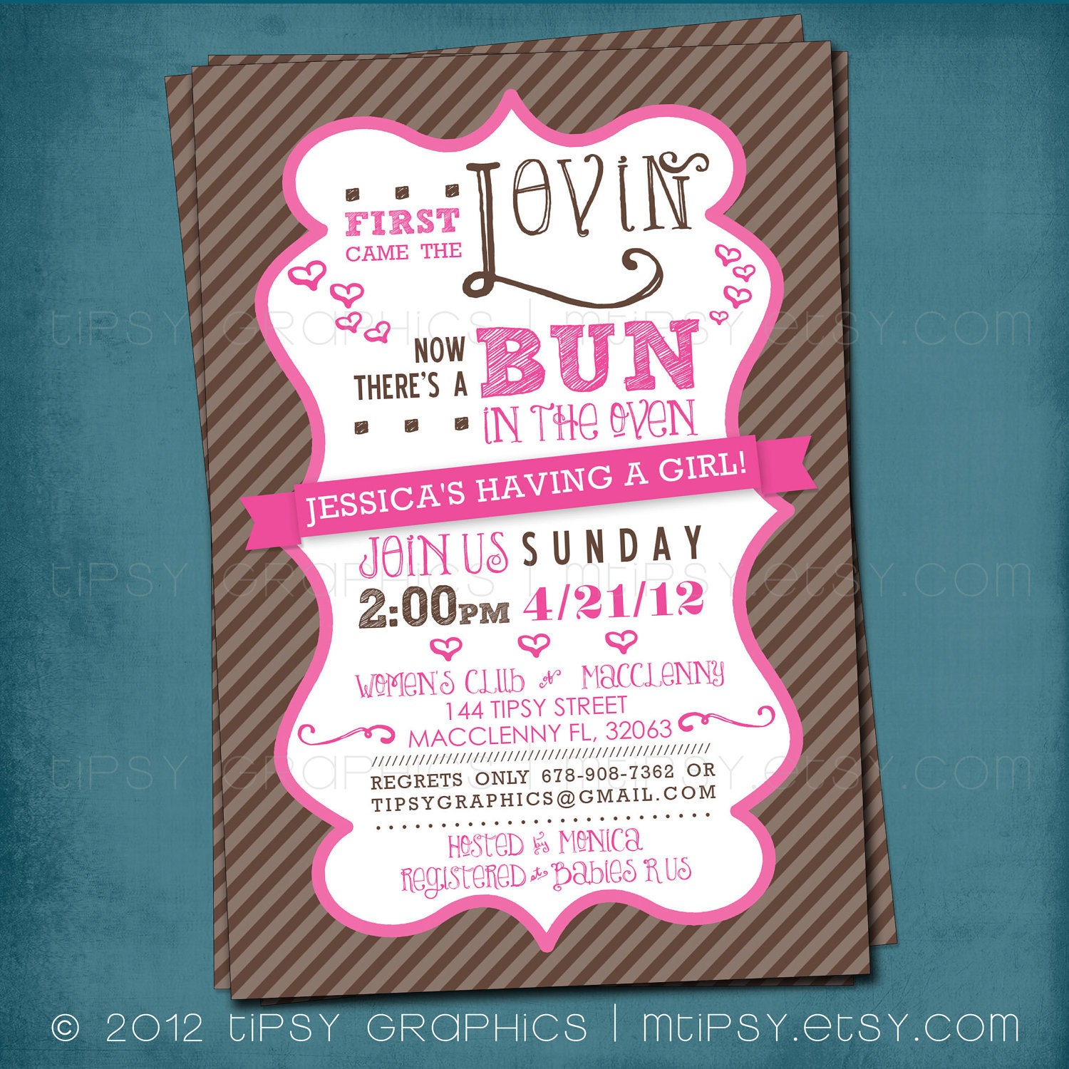 Pink. First Came the Lovin. Bun in the Oven Baby Shower Invite. by Tipsy Graphics. Any colors Il_570xn