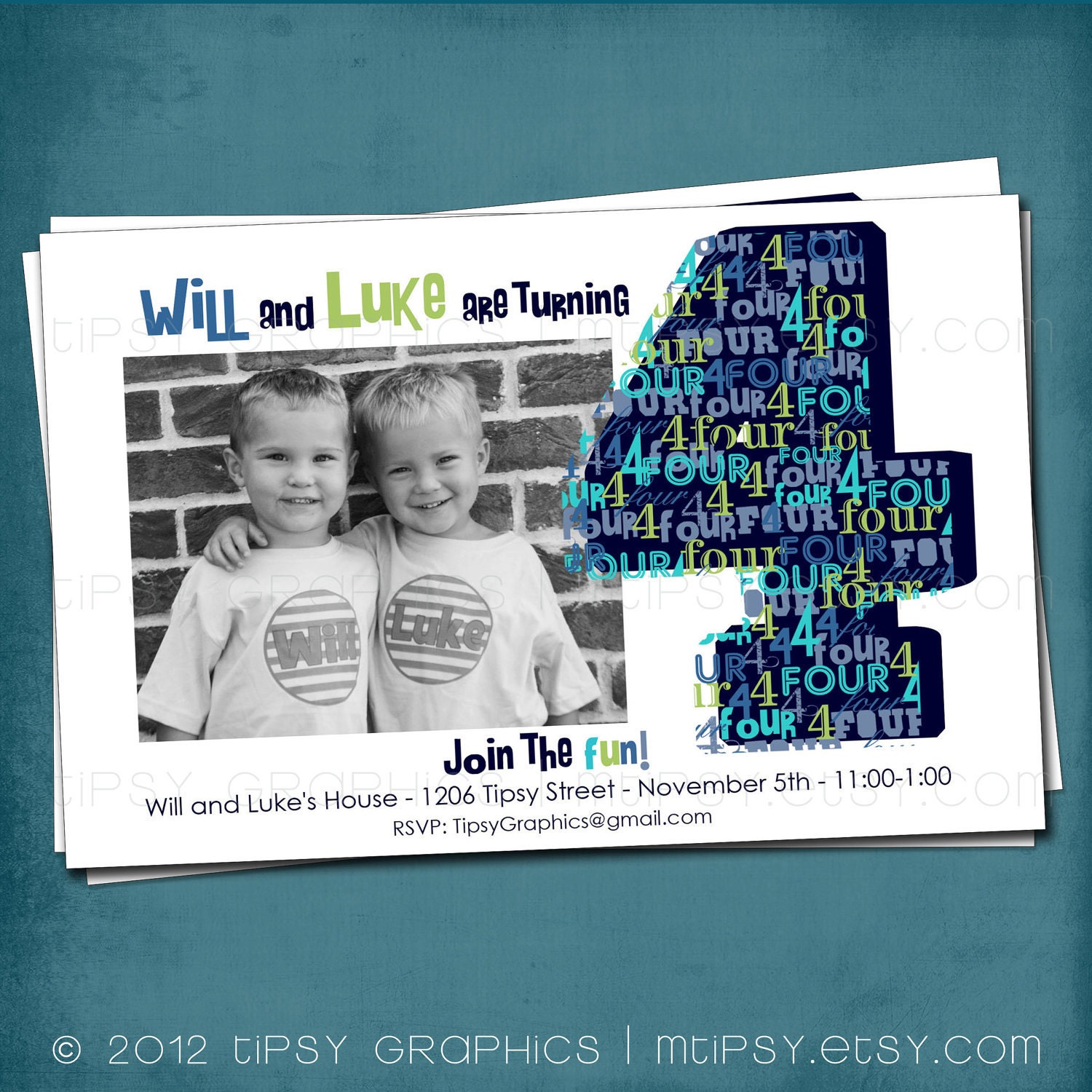 BIG 4 little fours. Modern & Graphic Birthday Party Invite by Tipsy Graphics. Girls Boys Twins. Any age, any colors Il_570xn