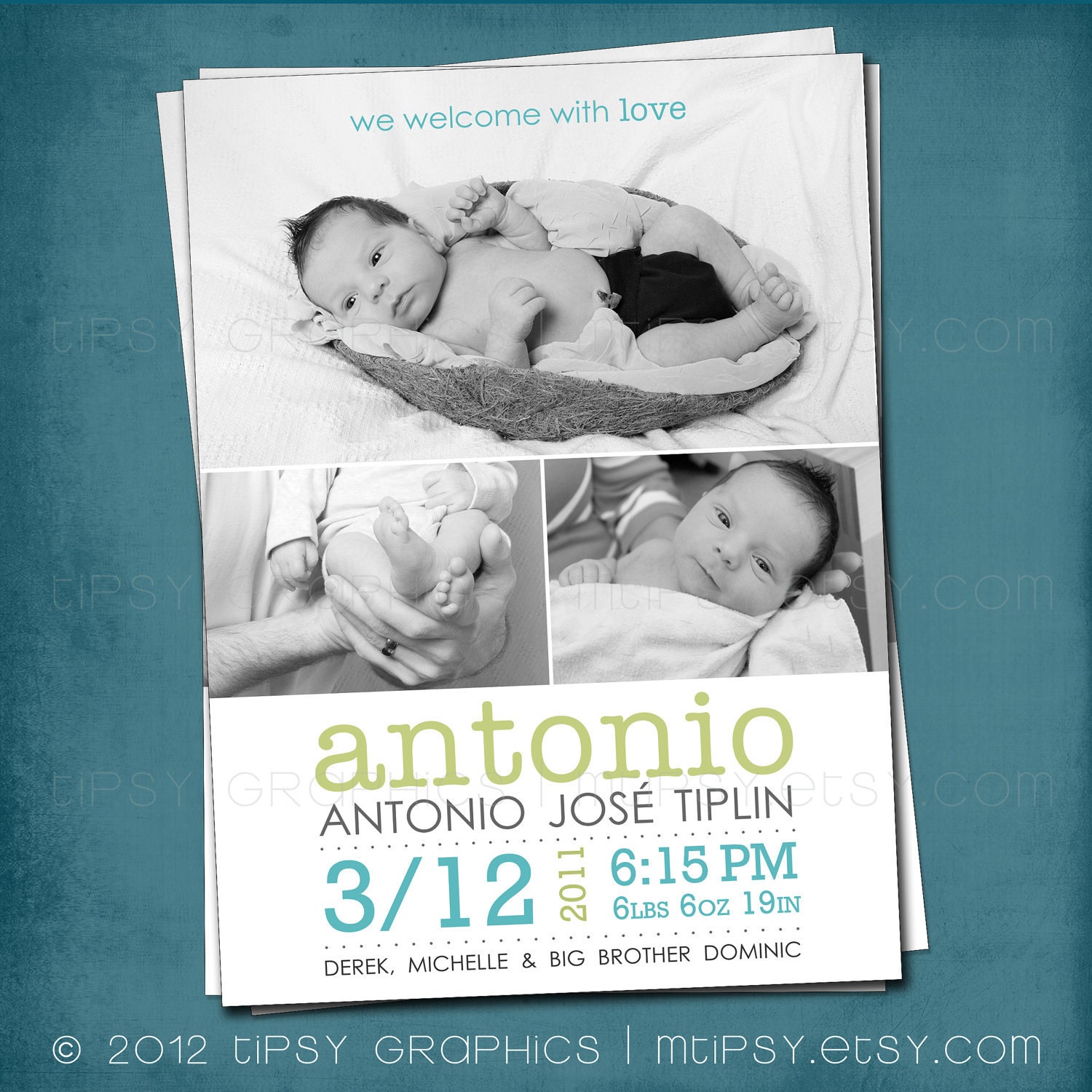 Modern Type Simple and Sweet Birth Announcement or Invite by Tipsy Graphics. Any colors for 1 or more photos Il_570xn