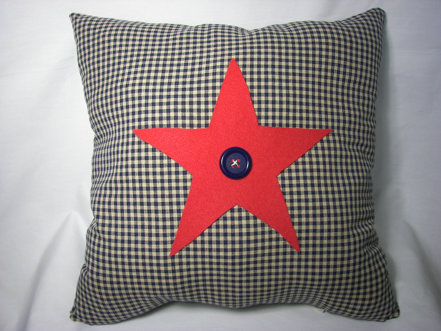 AMERICANA Throw PILLOW 16X16 in. Red Star Blue Gingham
