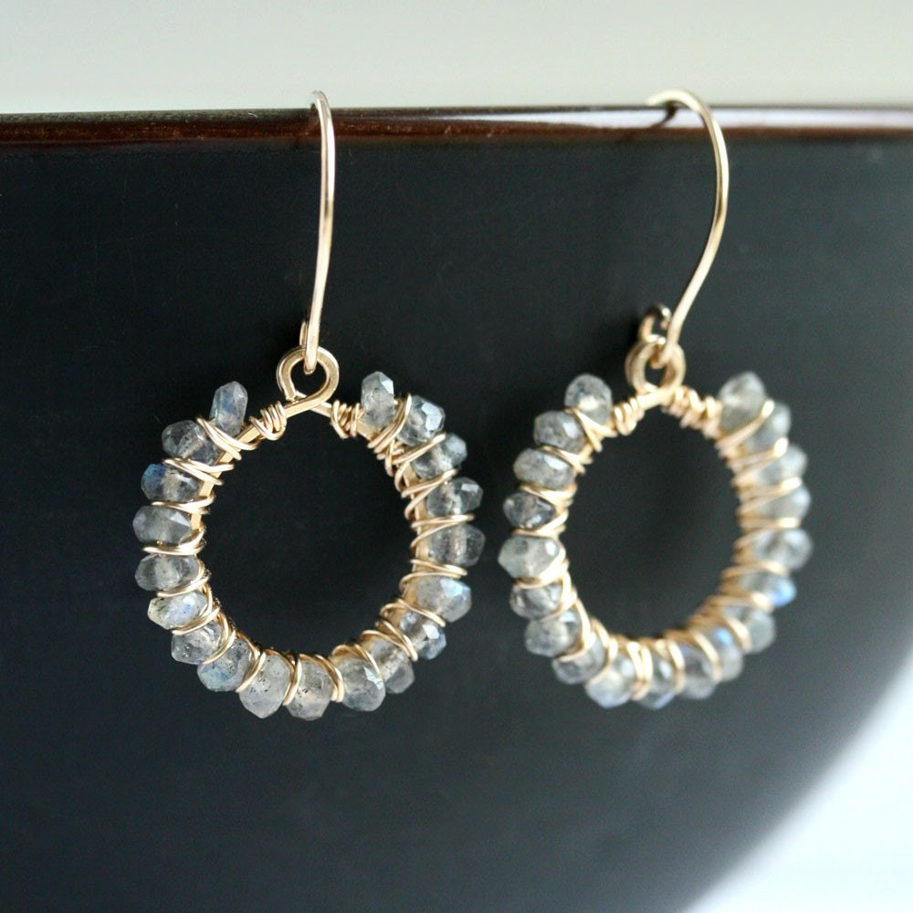 Handmade labradorite earrings, 14k gold filled earrings, wire wrapped, beaded, grey earrings, dangle hoops