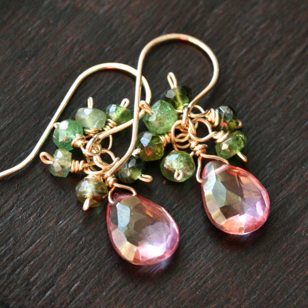 Handmade gemstone drop earrings, pink quartz, green tourmaline, watermelon, gold filled, cluster, drop, wire wrapped