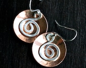 Handmade copper dangle earrings, sterling silver, mixed metal, swirl earrings, disc, disk, Mimi Michele Jewelry