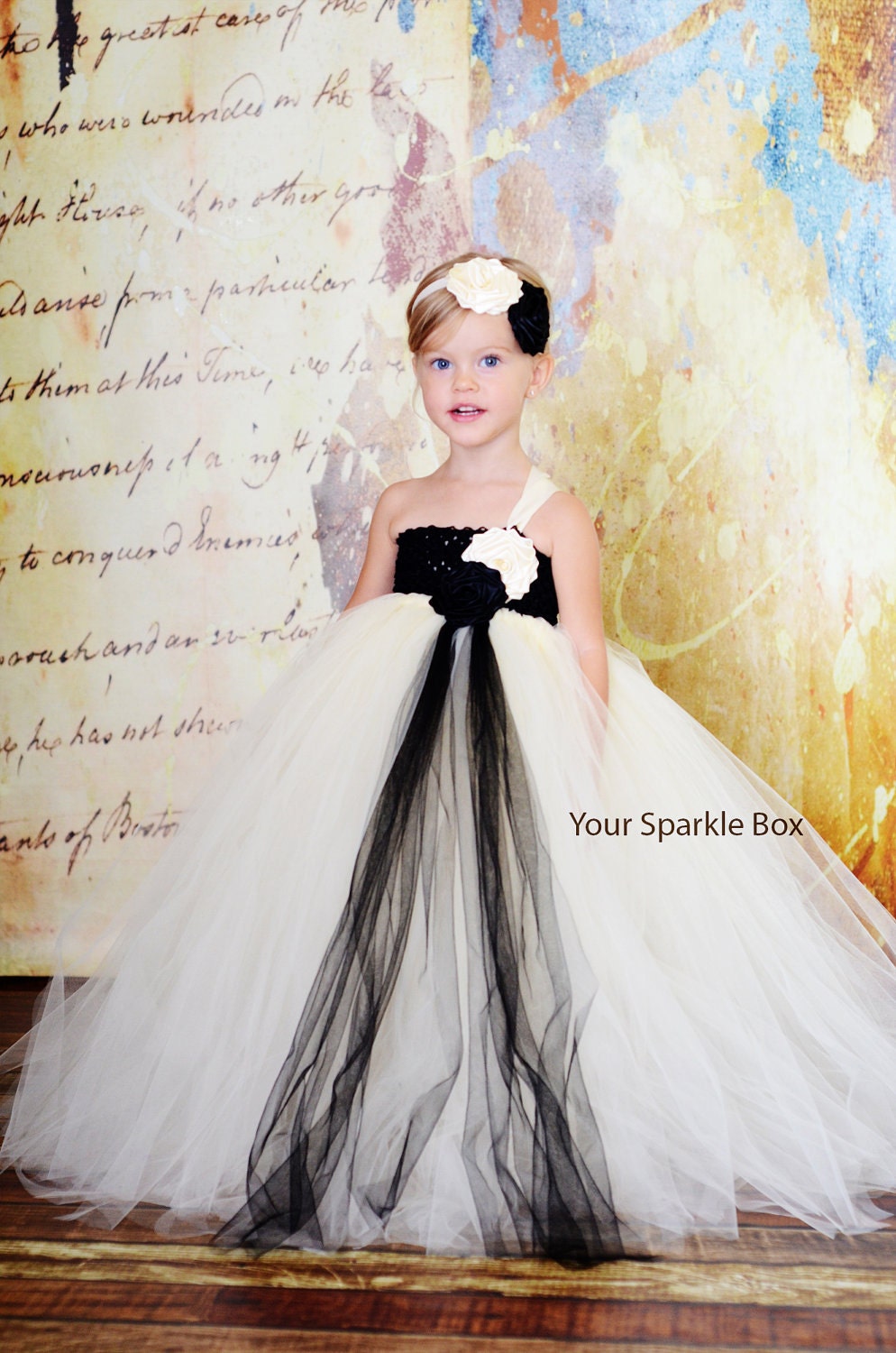Ivory and Black wedding flower girl dress