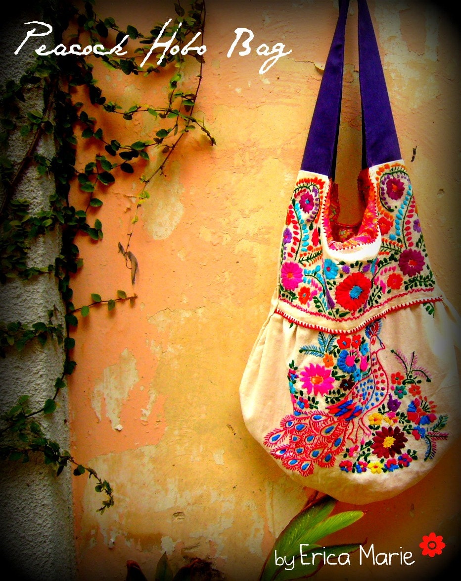 Merida Hobo Embroidered Handbag featuring Peacock Free Shipping Worldwide