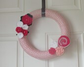 Pink and White Yarn Wreath With Peony Flower and Felt Rosettes. 12 Inches