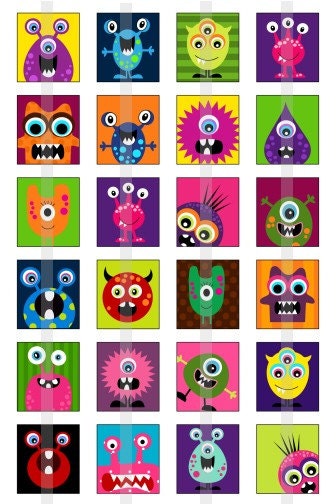 Monsters - one 4x6 inch digital sheet of scrabble size (0.75 x 0.83 inches) images for scrabble tiles