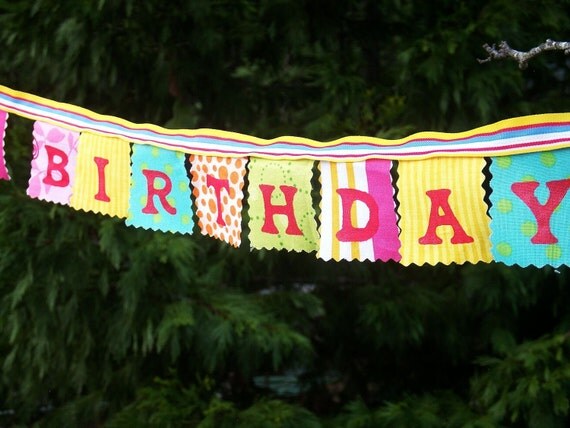 Whimsical Mini Happy Birthday Banner with yellow stripe ribbon Il_570xn
