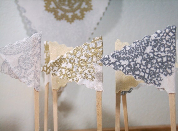 Cupcake Toppers Wedding -White Silver Gold Charcoal Grey 12 topper flags Il_570xn
