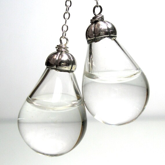 Long drop clear color water pear shaped sterling silver earrings